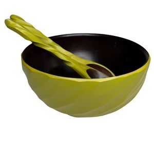 Enrico Spiral Mango Wood Salad Bowl and Serving Spoons Avocado Green Serveware